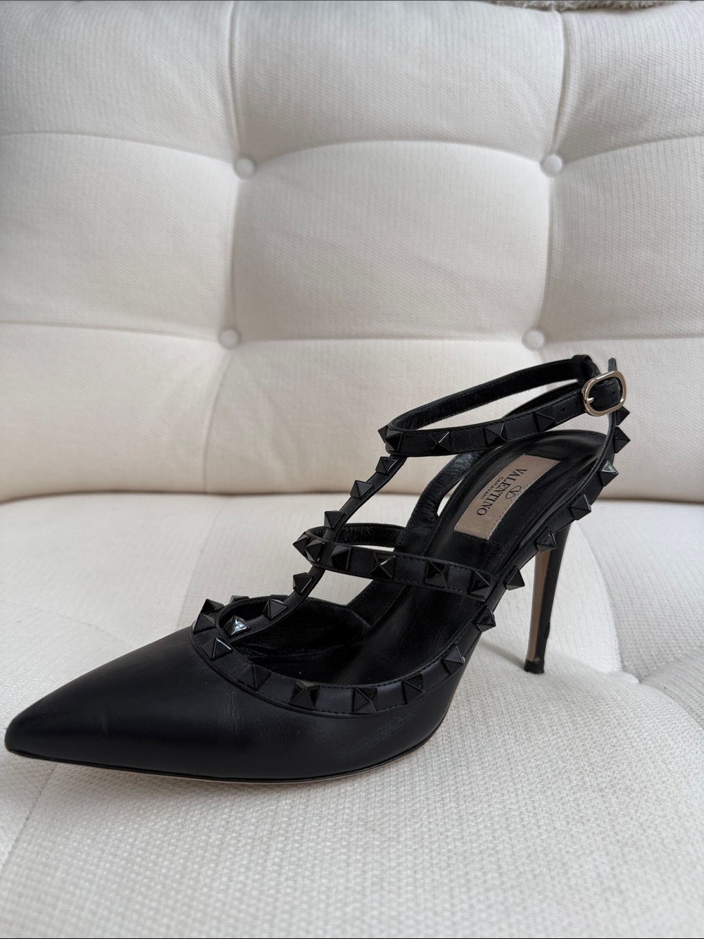 Valentino Black Rockstud T-Strap Pointed Leather Heels